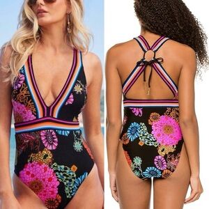 Trina Turk Black One-Piece Swimsuit with Pink, Blue & Orange Floral Print